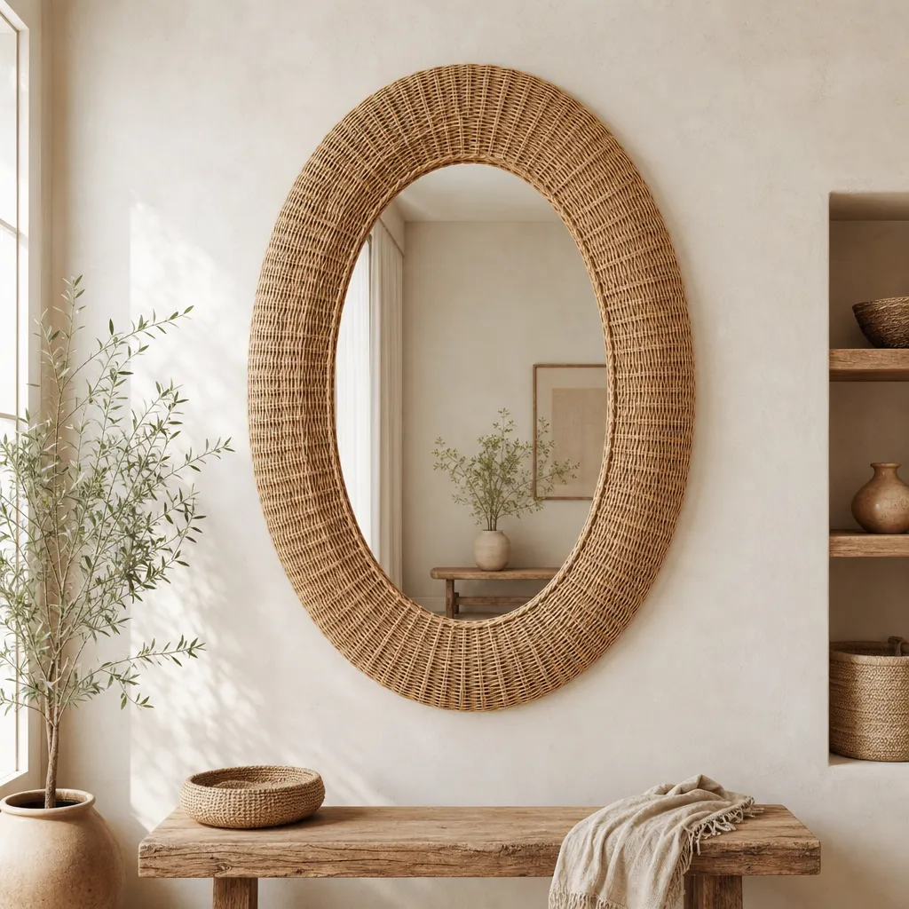 Édition Grand Miroir Mural Ovale en Rotin — N°15